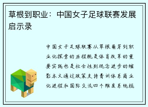 草根到职业：中国女子足球联赛发展启示录
