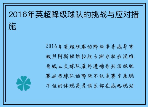 2016年英超降级球队的挑战与应对措施